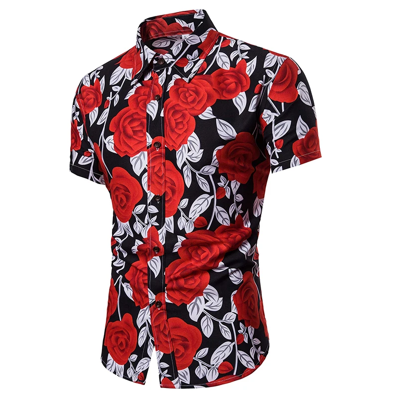 Camisetas con estampado de flores de rosas en 3D para hombre, de manga corta, ajustadas, con botones, informales, con estampado floral