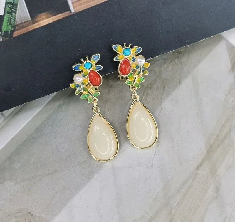 New Colorful Enamel Drop Glaze Brooch Earrings for Women Vintage Jewelry Set Imitation Jade Water Drop Pins Dangle Earrings