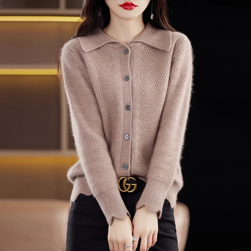 여성용 라펠 자카드 스웨터, 순수 밍크 캐시미어 니트 가디건, 루즈 라지 사이즈, 여성 의류 패션, 가을 핫 셀러 코트 탑
