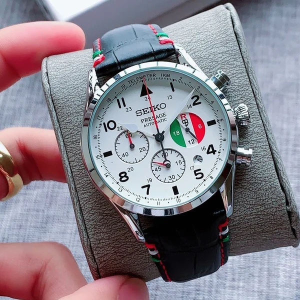 Мужские повседневные кварцевые часы SEIKO с кожаным ремешком черно-белым