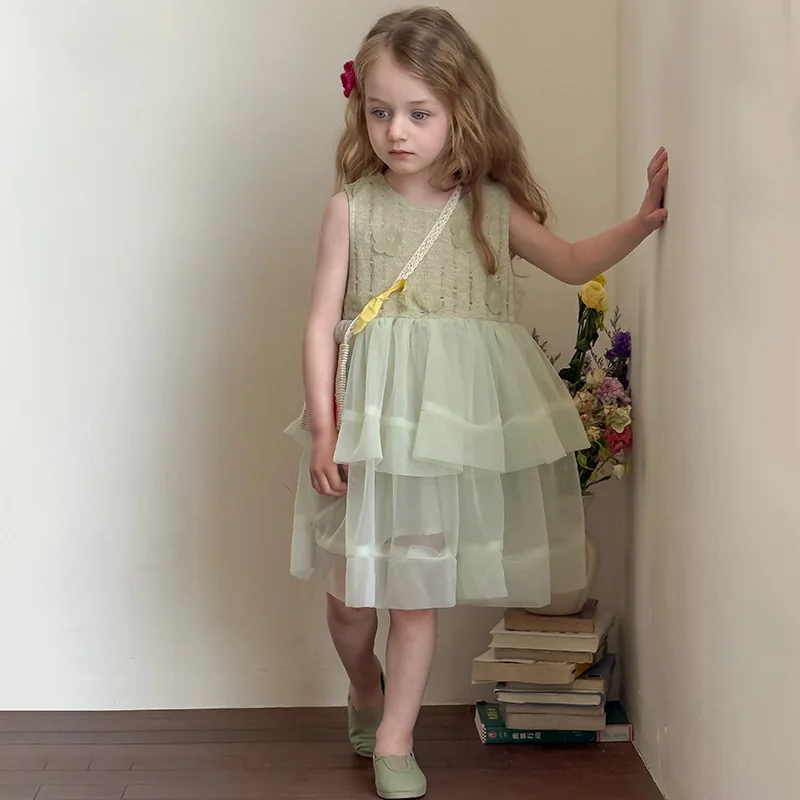 Summer Baby Girl Mint Green Layered Tulle Princess Dress Lace Bodice Birthday Outfit Summer Toddler Party Gown Vest Dress