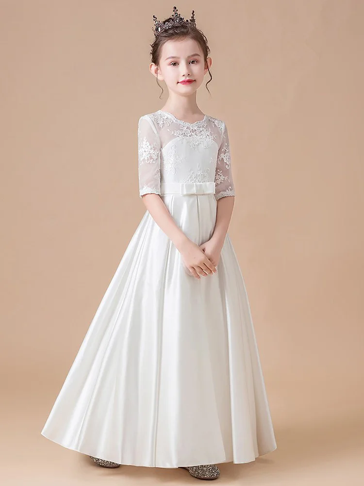 

A-line Scoop Asymmetrical Satin Junior Bridesmaid Dress With Cascading Ruffles Flower Girl Dress Party First Communion Gown