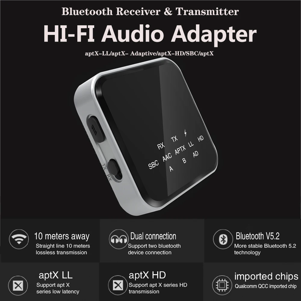 VAORLO aptX-LL/HD/적응형 낮은 대기 시간 Bluetooth 5.2 오디오 수신기 송신기 어댑터 3.5mm Aux 무선 스테레오 음악 어댑터