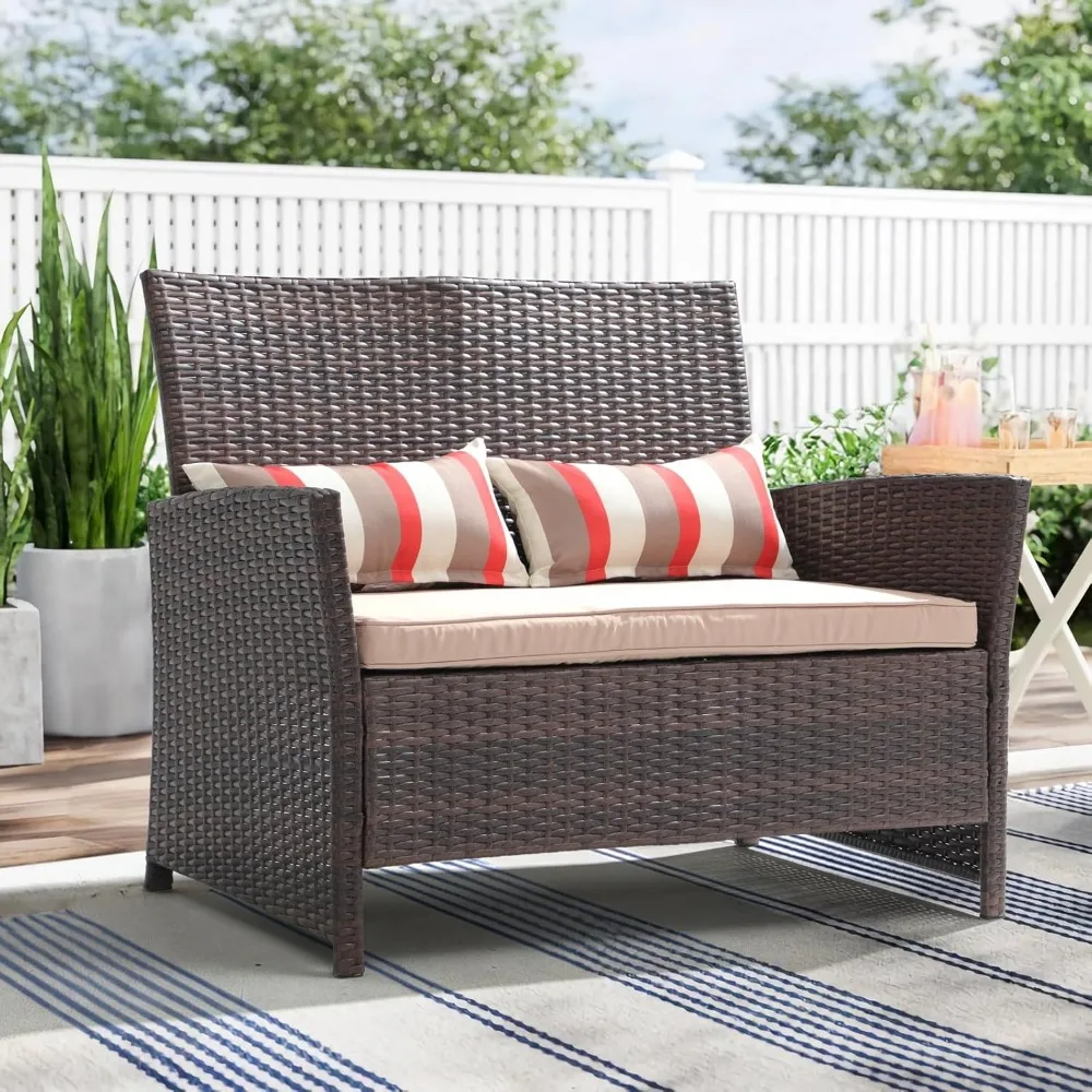 Outdoor Wicker Loveseat with Cushions, 2 Seater Patio PE Rattan Sofa with Lumbar Pillows, Brown Wicker & Beige Cushions 2
