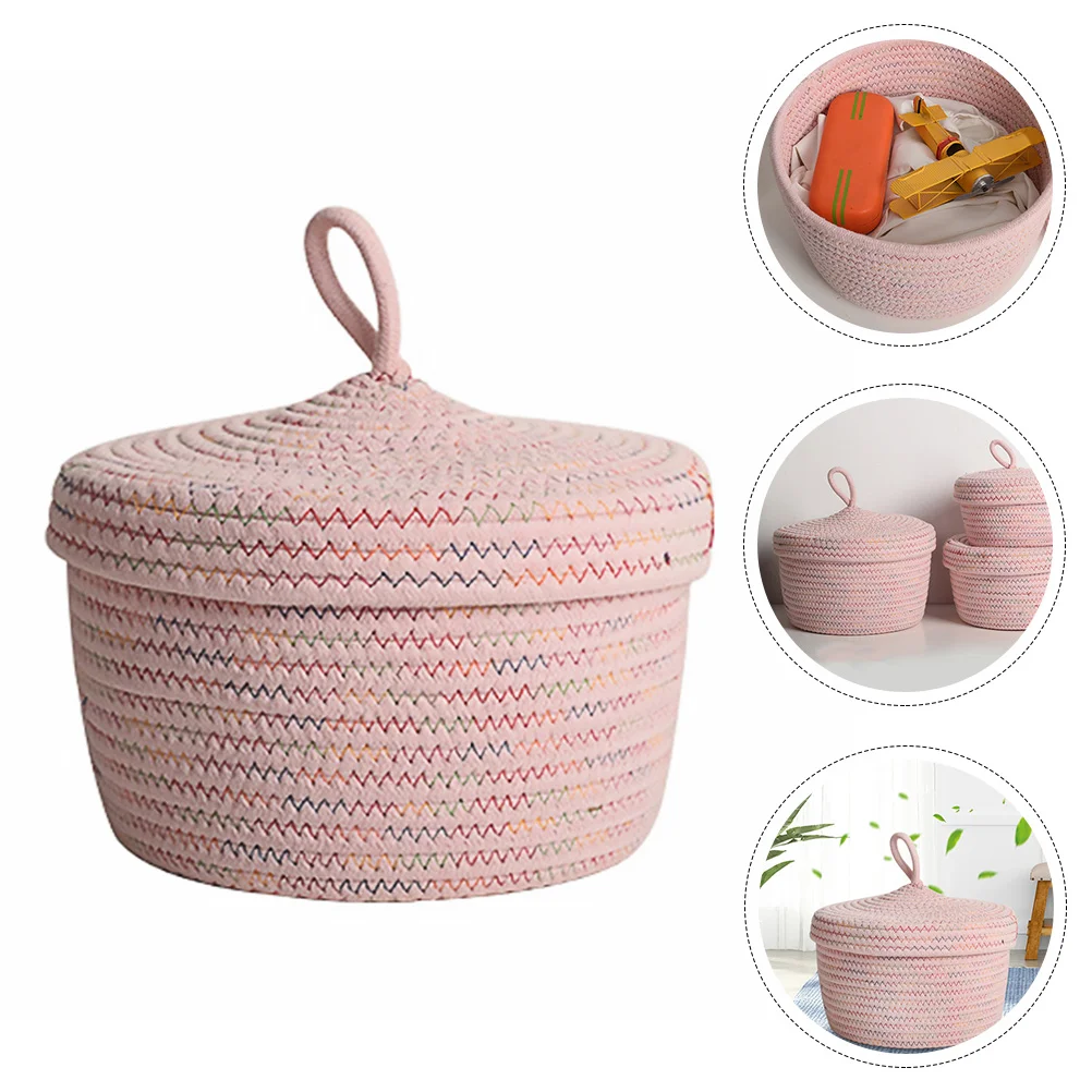 

1Pc Desktop Small Storage Basket Round Cotton Rope Woven Basket Lid Home Organizing Box Decorative Woven Storage Bin
