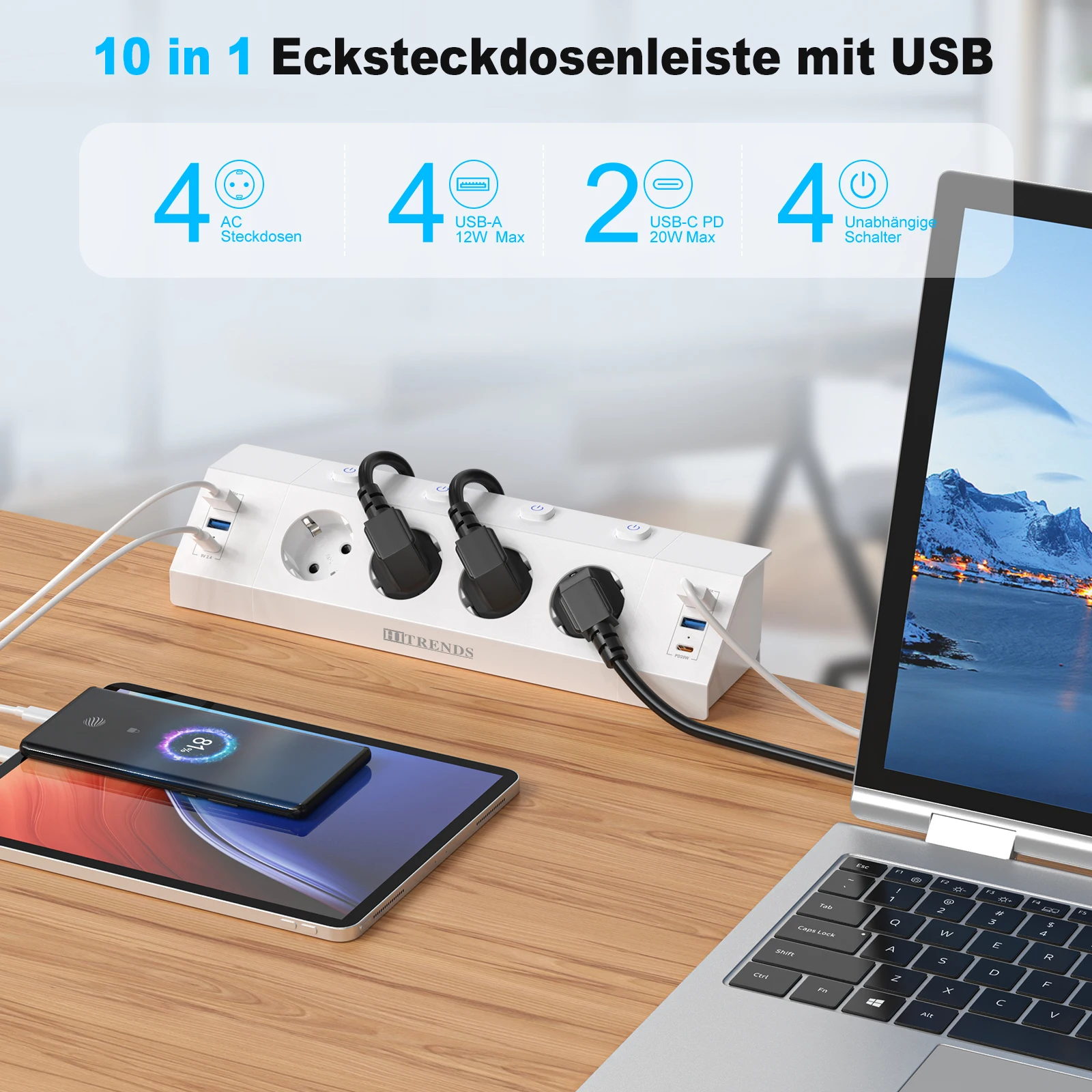 Eu Plug Multi-function power strip with desktop clamp 4 AC power outlets 4 USB-A and 2 USB-C 2 meter cable independent switches 2