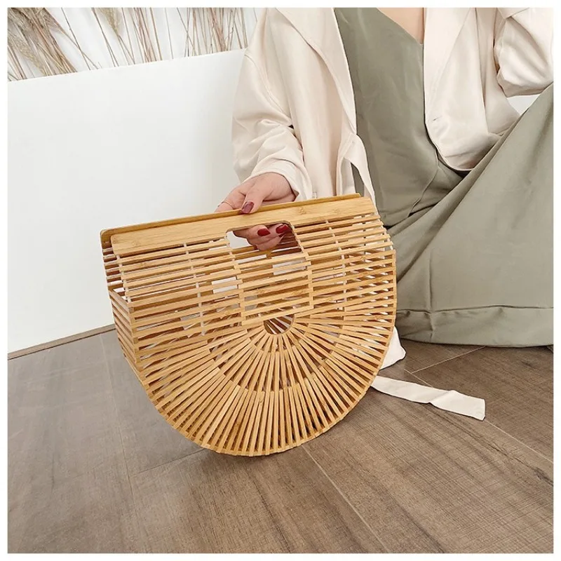 Semicircle Women Bamboo Bags Summer Fashion Luxury Handbag Hollow Bohemia Beach Bags Elegant Ladies Cosmetic Storage Basket 4