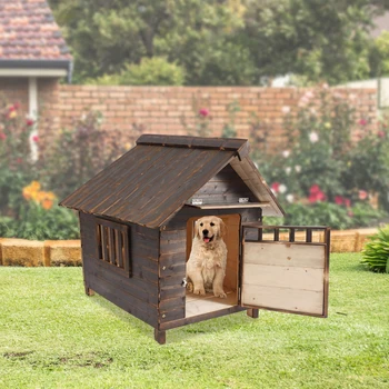 Pet Dog House With Window and Door, Welsh Corgi French Bulldog, Outdoor Garden Solid Wood Breathable Courtyard Puppy Villa Patio 1