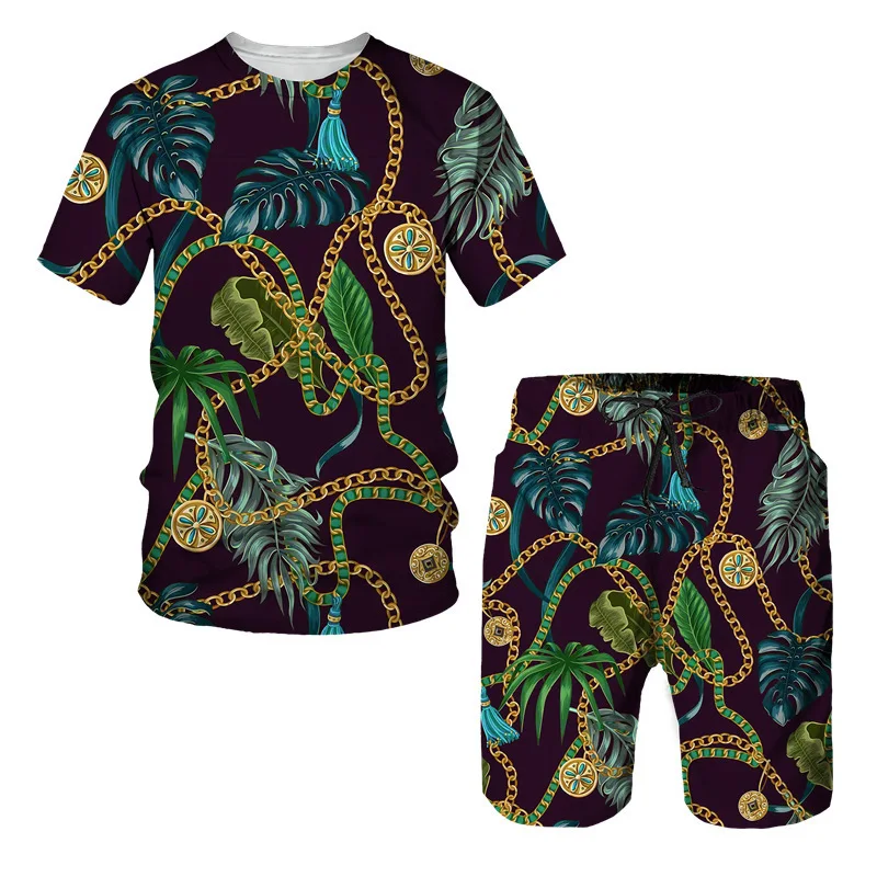 thumbnail image 1 of Conjunto de camiseta y pantalones cortos de manga corta holgados con cuello redondo y cadena de estilo europeo con estampado 3D nuevo de verano para niños, 1 of 5