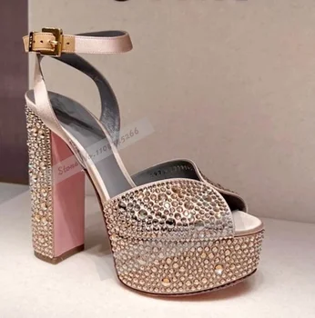 Champagne Crystal Chunky Heel Sandals Bling Bling Rhinestone Platform Wedding Shoes Velvet Open Toe Buckle Strap Block Heels