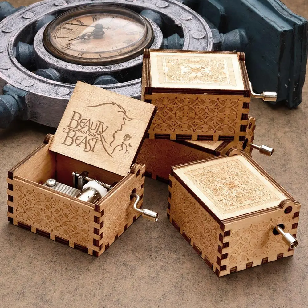 Wooden Music Box Beauty and Beast Hand Cranked Home Decoration Carved Musical Box Valentine's Day Birthday Gif 3