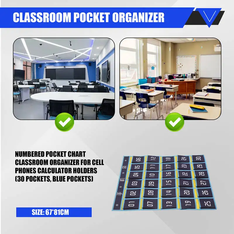 AU67-Numbered Pocket Chart Classroom Organizer For Cell Phones Calculator Holders (30 Pockets, Blue Pockets)