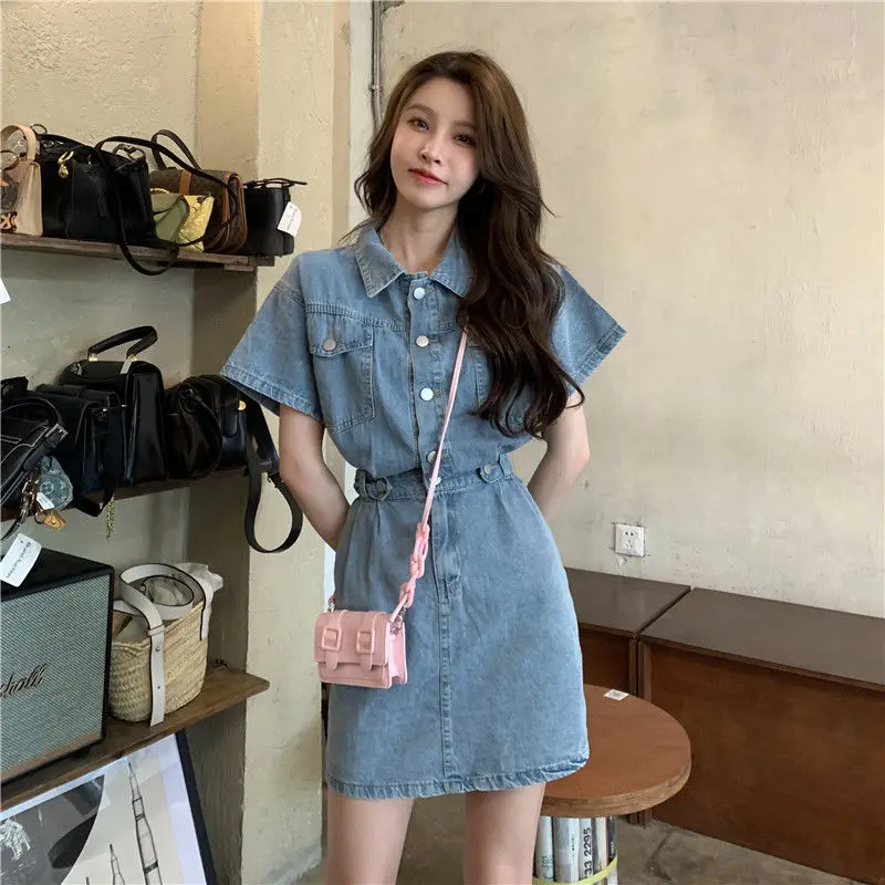 Solide POLO Kragen Hohe Taille Taste Kurzarm Denim Kleid Elegante Mode Harajuku Weibliche Kleidung Casual Alle Spiel Kleider – Detail 7