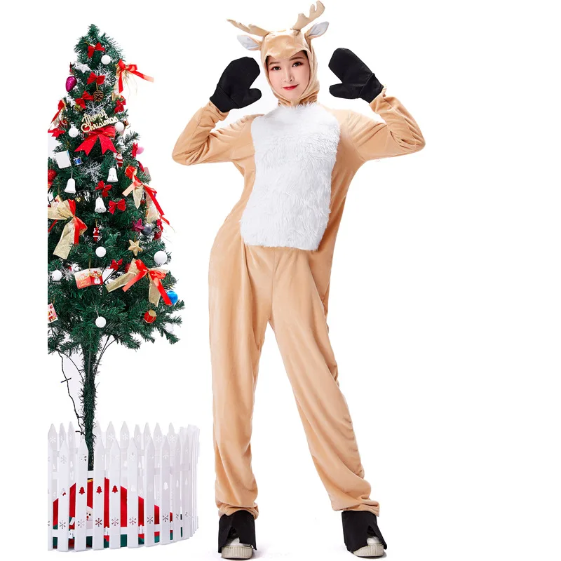 

Adult Women Men Animals Elk Christmas Reindeer Velvet Jumpsuit Hat Set Halloween Role Play Dress Up Cosplay Costume