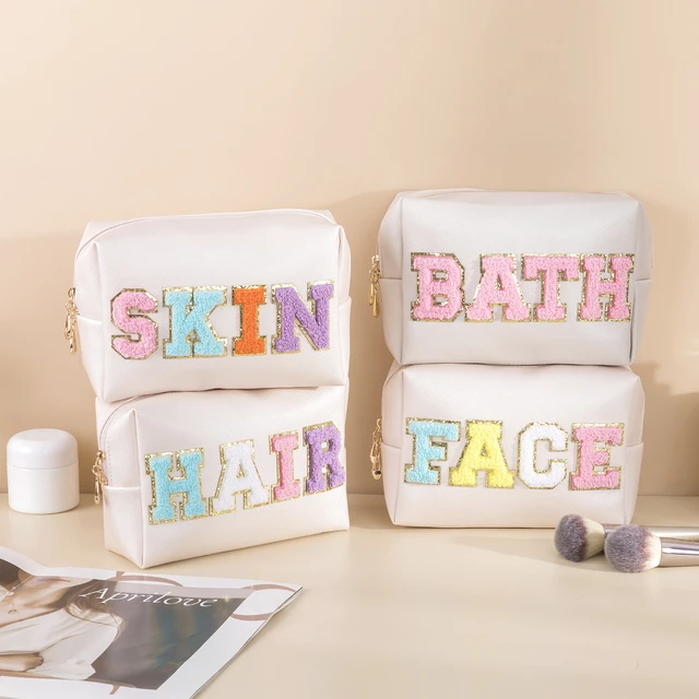 4 Pcs Preppy Cute Patch Makeup Bags Nylon Toiletry Cosmetic Bags Travel  Chenille Skincare Pouch for Women Gifts Stuff Daily Use Storage Purse