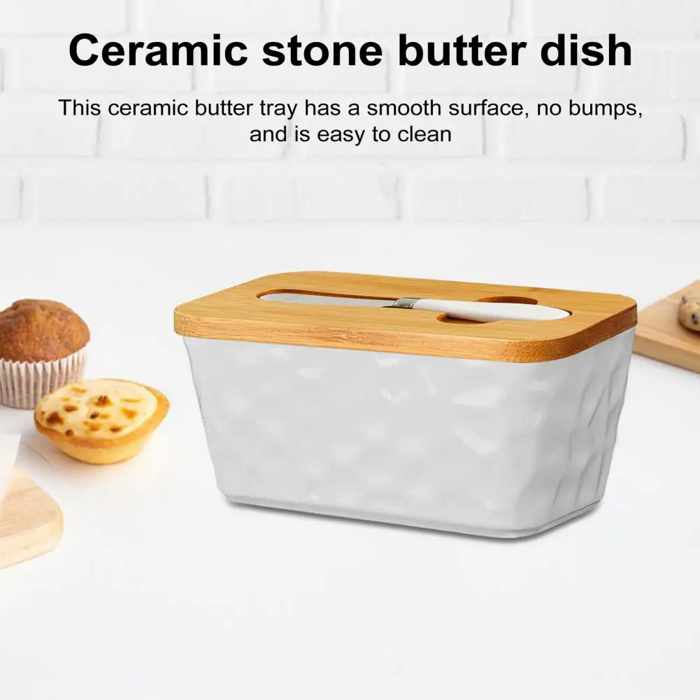 Easy to Clean Butter Dish Shatter-resistant Butter Dish Elegant Ceramics with Wooden Lid Stainless Steel for Kitchen