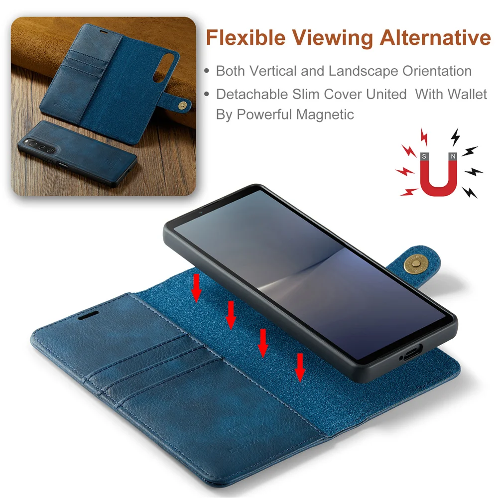DG.MING Luxury 2 in 1 Detachable Wallet Case for SONY Xperia 5 V 10V 1V Magnetic Closure Folio Flip Leather Case Phone Book