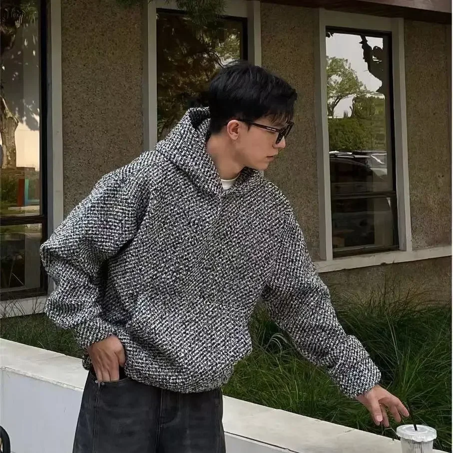 Autumn Winter Tweed Woven Hooded Sweatshirt Men's Loose Casual