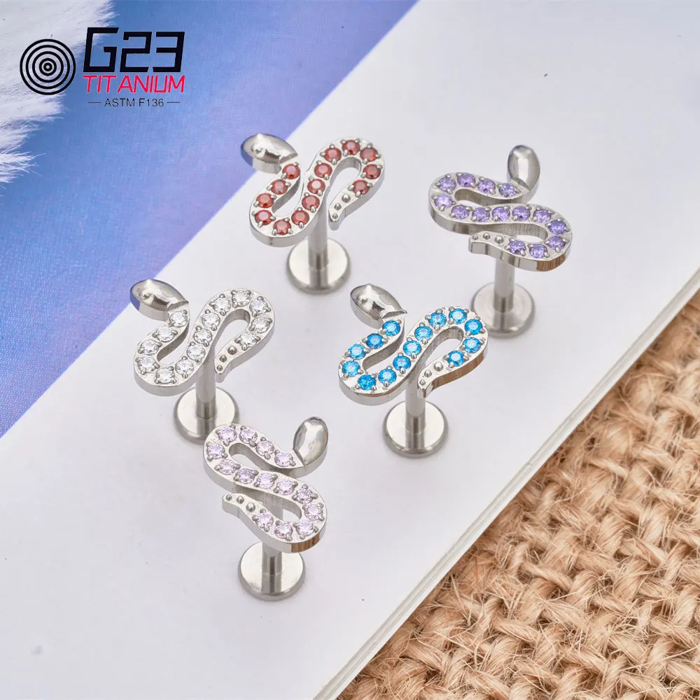 ASTM F136 Titanium 16G Snake Cubic Zirconia Nose Labret Stud Earring Tragus Conch Helix Cartilage Lobe Ear Piercing Body Jewelry
