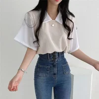 Haut à col polo bloquant les documents de style académie d'été pour femmes, faux t-shirt deux pièces à manches courtes, chemisier décontracté polyvalent, paresseux, adt 5