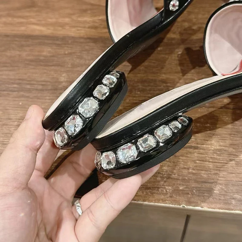 New Designer Luxury Women's Slippers Rhinestone Banquet Shoes Toe Leaking Square Toe Heel 2cm Outdoor Ladies Banquet Shoes