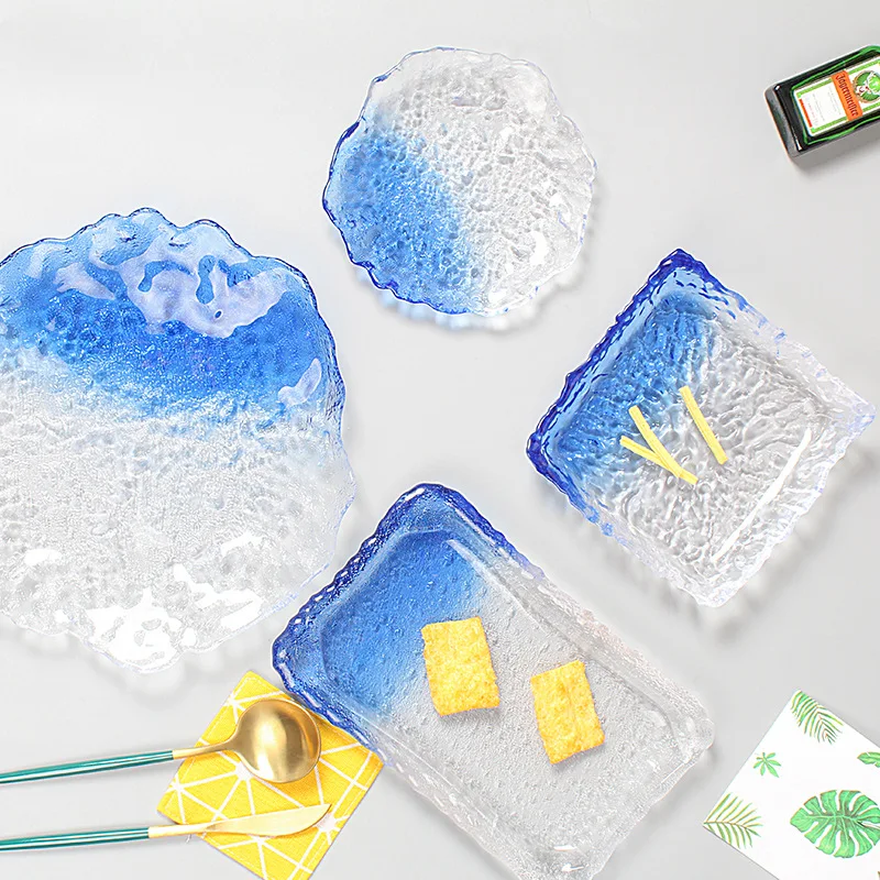 Japanese Ins Colorful Ice Dew Plate Gradient Transparent Glass Tea Tray Multi-function Fruit Food Utensils Kitchen Tableware