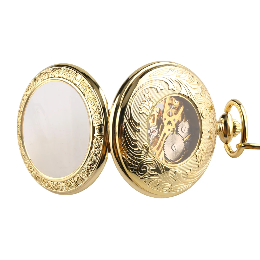The Premium Golden Pocket Watch features an antique-style open ornate cover, showcasing a skeleton dial with visible internal gears and a circular blank plate on the left side.