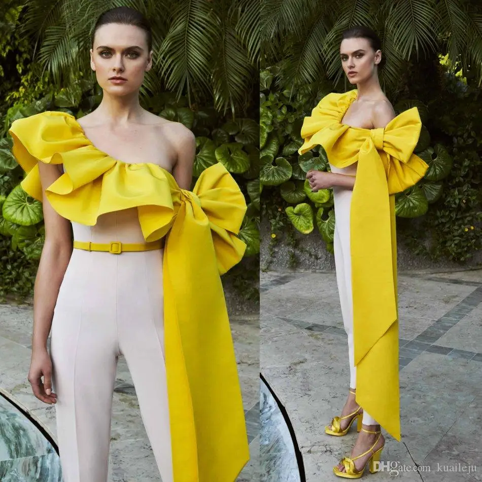 

New Arrival Yellow Evening Dress Women Jumpsuits Sleeveless Backless Ankle Length Formal Dress Satin Bow Ruched Prom Dress