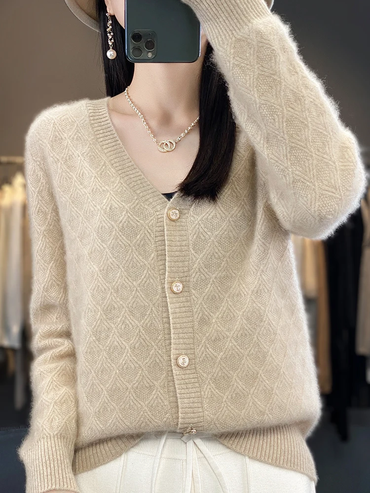 New Fashion Spring 100% Merino Wool Womens V-neck Cardigan Cashmere Sweater 2024 Female Clothing Grace Knitwear Korean Tops