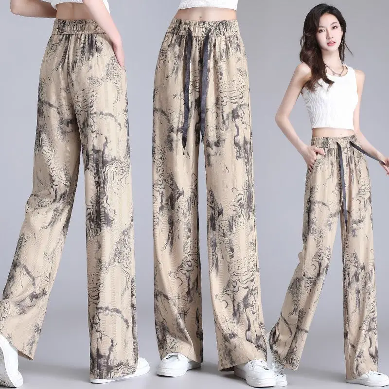 Fashion Chinese Style New Summer Pants Women's Printing Elastic Waist Drawstring Tie Dye Ice Silk Casual Loose Wide Leg Trousers