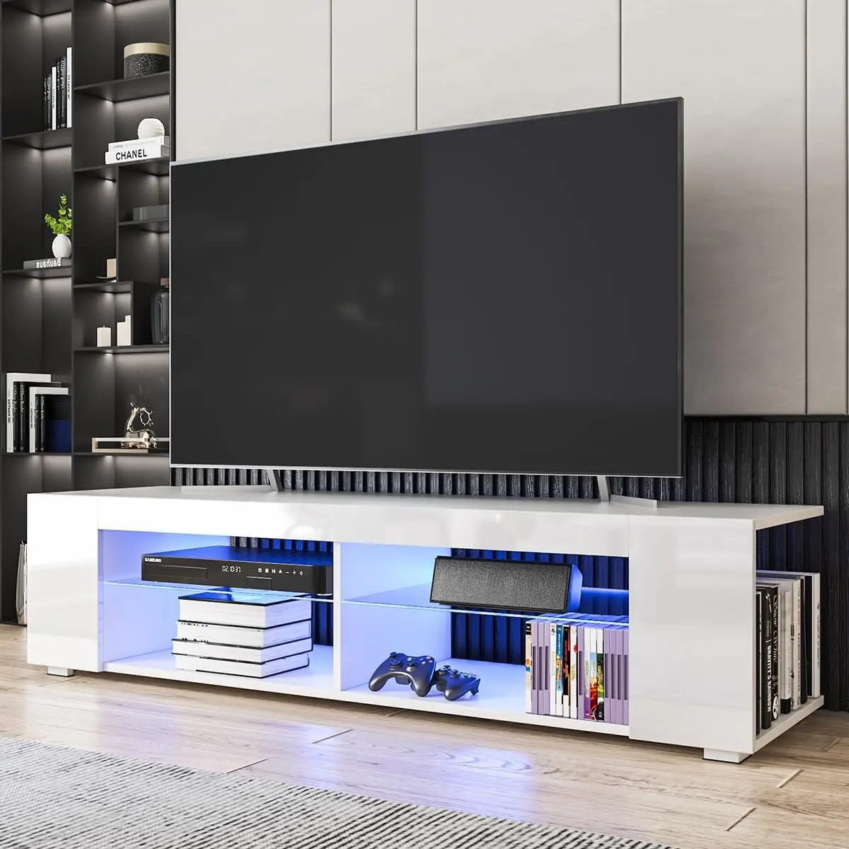 

Светодиодный TV стенд для 65-дюймовых телевизоров, белый современный развлекательный центр, 57 дюймов с фонариками, маленькая ТВ-консоль, медиа-стол