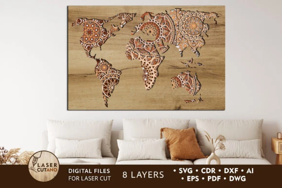 World Map Laser Files for Cutting SVG DXF DWG CDR and  Digital Multilayer Layout Files Map Laser Engraving Cutting wood saw machine