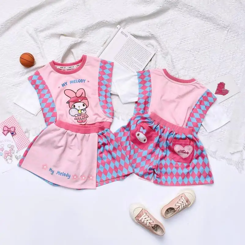 

Kawaii Sanrio Mymelody Cartoon Cute Culottes Suit 2023 Summer Girls Cotton Short Sleeves Skirt Shorts Set Girls Birthday Gifts