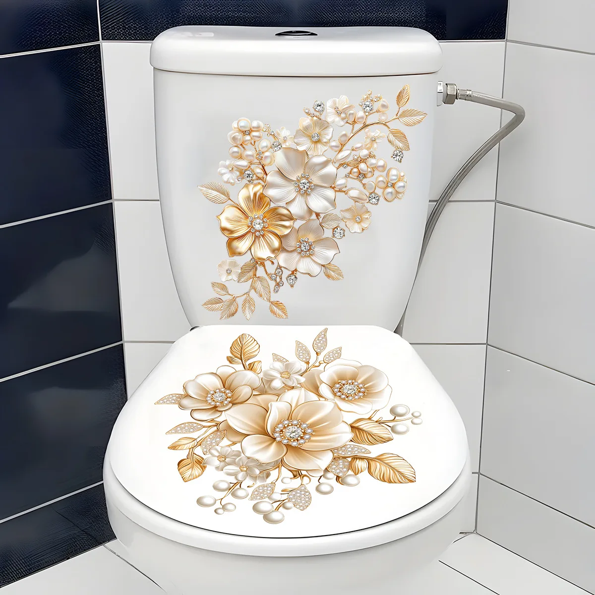 Description Picture 2 of item1 Sheet Beautiful Golden Flower Toilet Sticker Bathroom Toilet Cover Decorative Sticker Waterproof Self Adhesive