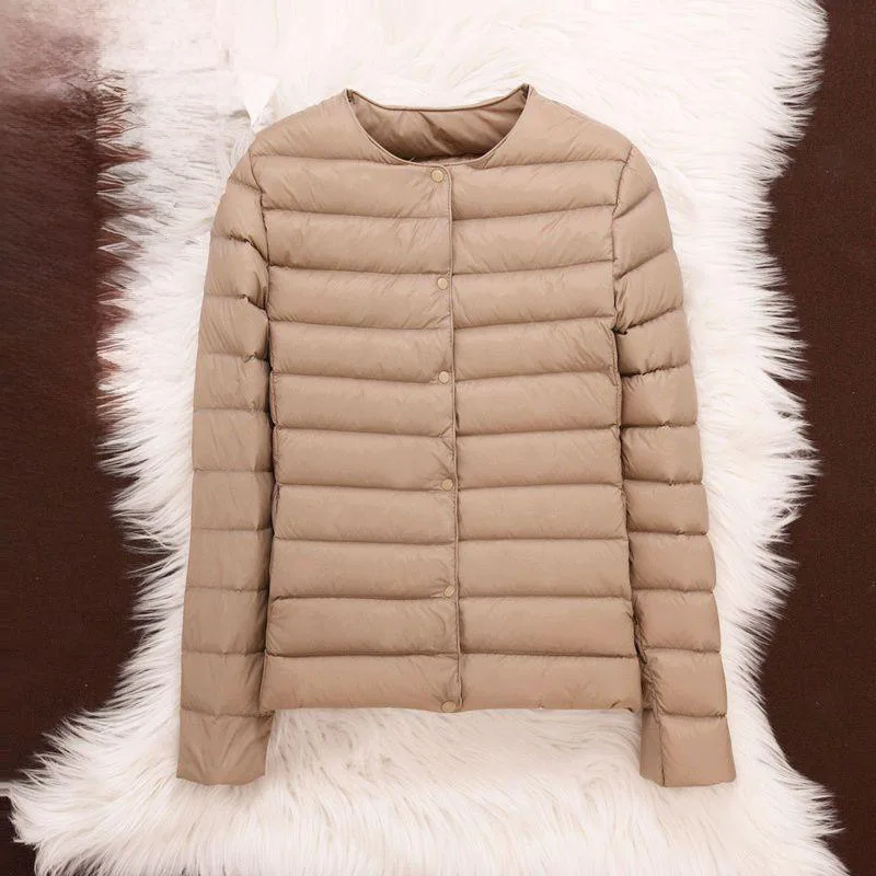 2023 Winter Women’s Clothing New round neck down jacket collarless large size short warm liner lightweight jacket 0218