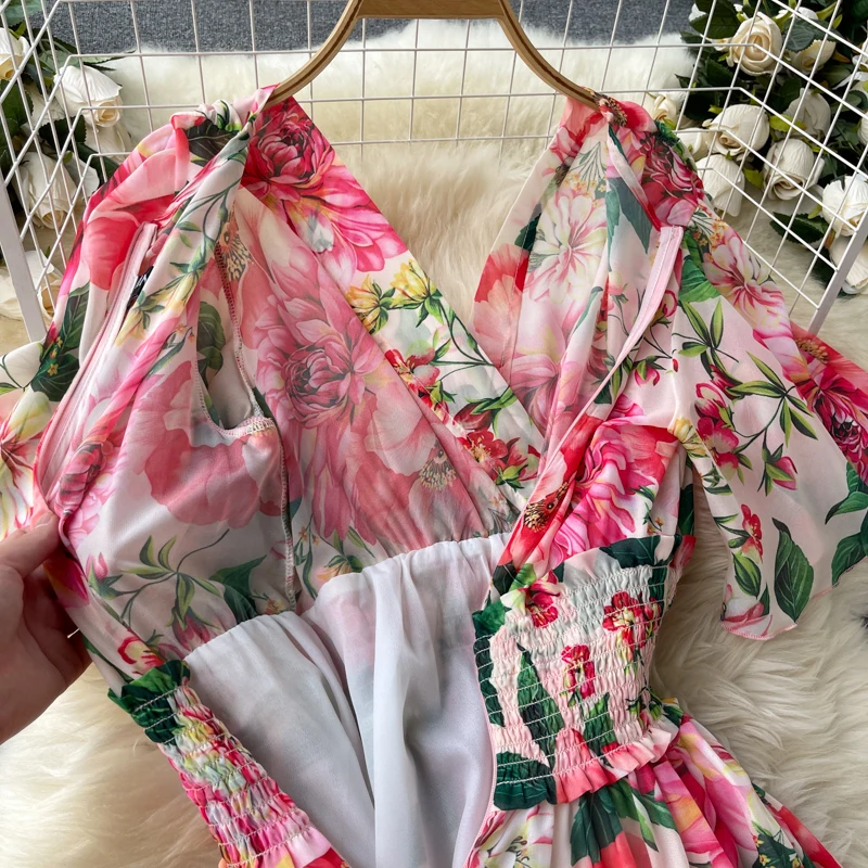 Elegant Party Dress Women Chiffon Printed Floral Long Dresses Ladies Short Sleeve Sexy V-neck Beach Maxi Dress Vestidos