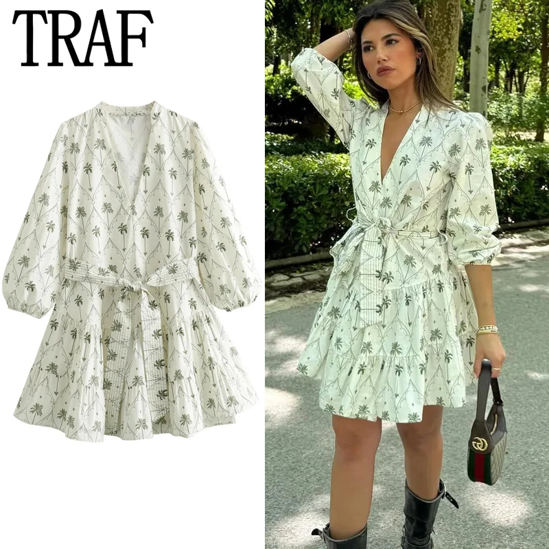 

TRAF Print Short Dresses For Women Ruffle Beach Mini Dress Woman Tied Belt Fashion Summer Dresses 2024 Ruched Casual Dresses