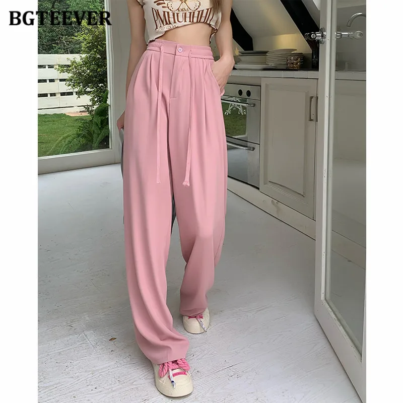 

BGTEEVER Fashion Lace-up High Waist Female Wide Leg Trousers Spring Summer Loose Pockets Long Suit Pants for Women