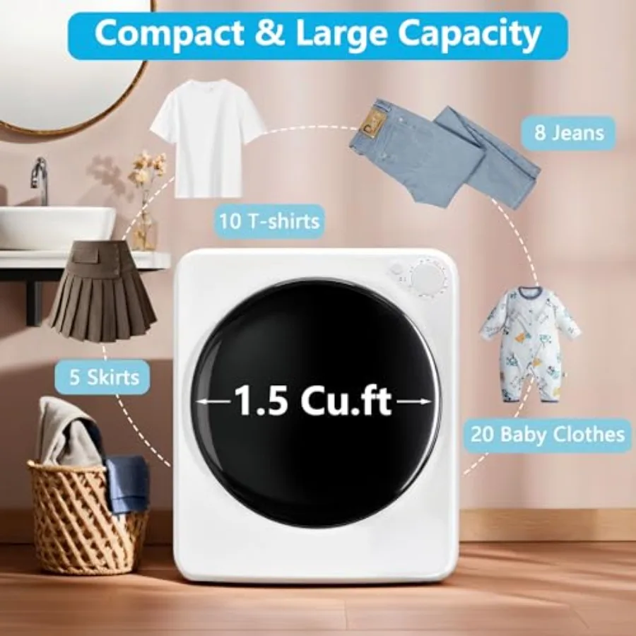 800W Electric Portable Clothes Dryer High End Laundry Front Load Tumble Dryer Machine with Stainless Steel Tub 5 Mode Simple Co