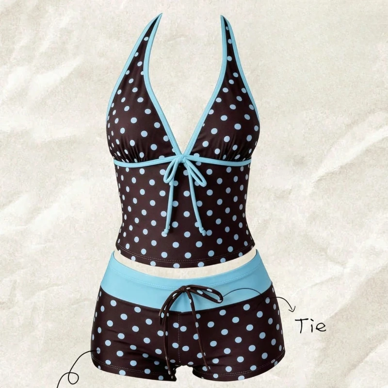 Women Swimwears Polka Dot 2-Piece Tankini Set Halter V