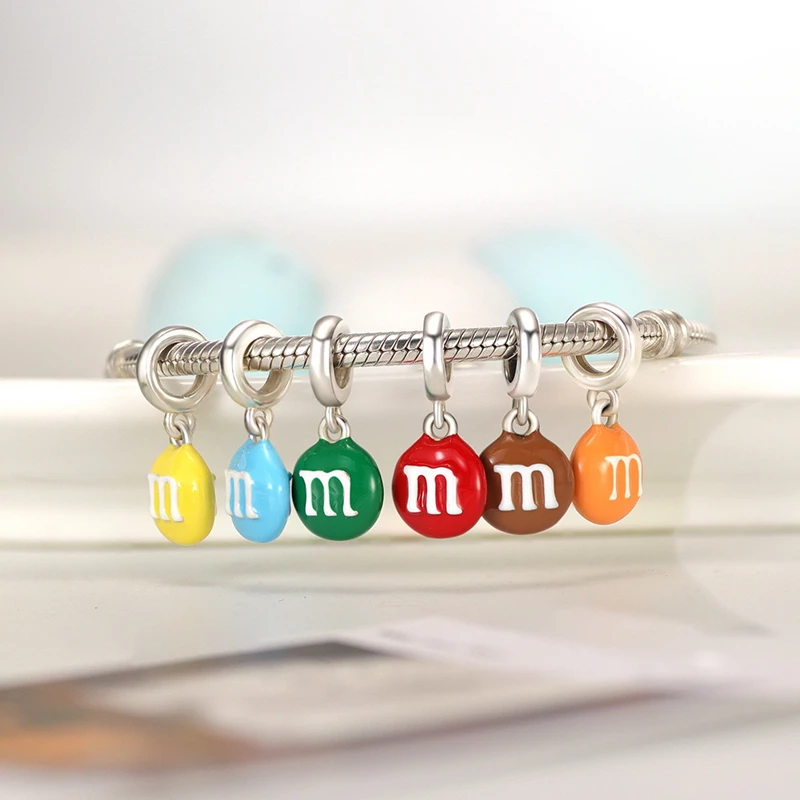 

925 Sterling Silver New M & M Colorful Chocolate Beans Pendant Charms Enamel Beads Fit Original Bracelet DIY For Women Jewelry