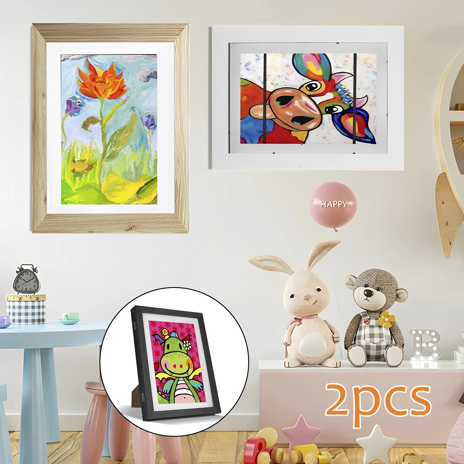 

2Pcs Kids Art Frame A4 Front Opening Photo Frames with Stand Wooden Kids Artwork Display Frame for 150 A4 Pictures Horizontal