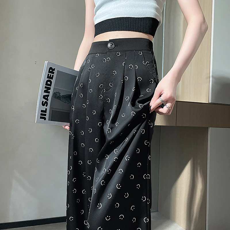 Smiling Face print Pants Pleating Women Elegant Empire Loose Minimalist Pure Korean Style Trouser Ladies Summer Design Basic