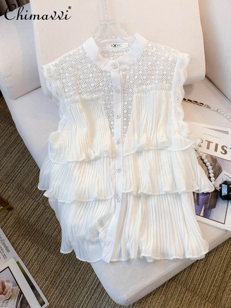 French Style Embroidery Hollow-out Stand Collar Flying Sleeves Single-Breasted White Casual Chiffon Shirt Tops Women Summer 2024