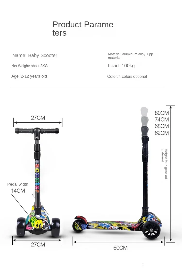 Children Scooter 3 Wheels Flash Wheels Kick Scooter for 3 12 Year Kids Adjustable Height Foldable
