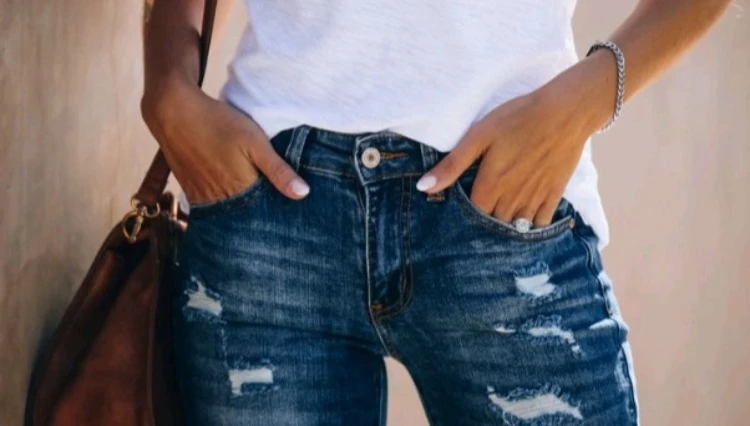 Retro High Waist Stretch Hole Thin Denim Trousers Ladies Jeans Women's Clothing