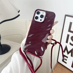 Glossy Wave Water Ripple Crossbody Lanyard Phone Case - Soft Silicone Cover - iPhone 14 (Wine Red)