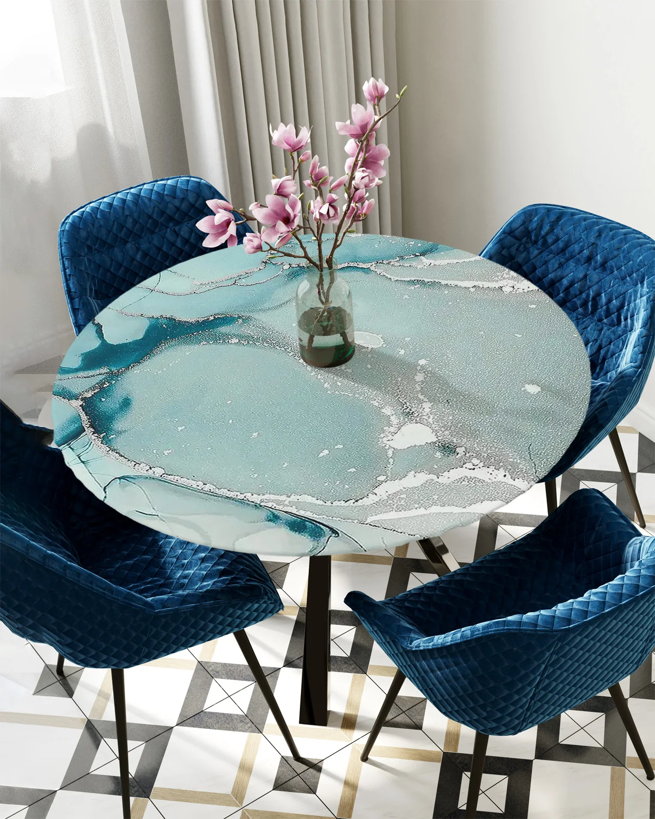 

Marble Texture Green Round Elastic Edged Table Cover Protector Cloth Waterproof Polyester Rectangle Fitted Tablecloth