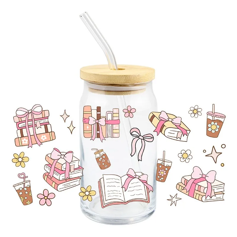 3D Stickers 3D Wall Stickers UV DTF Wrap Transfer Books 3D UV DTF Sticker Durable Waterproof Bowknot Drink Transfer 16 OZ Libbey Glass Wraps Cup Decals