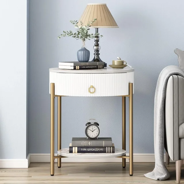 Modern End Table with Storage Drawer, Round 2-Tier Nightstand with Shelf 1